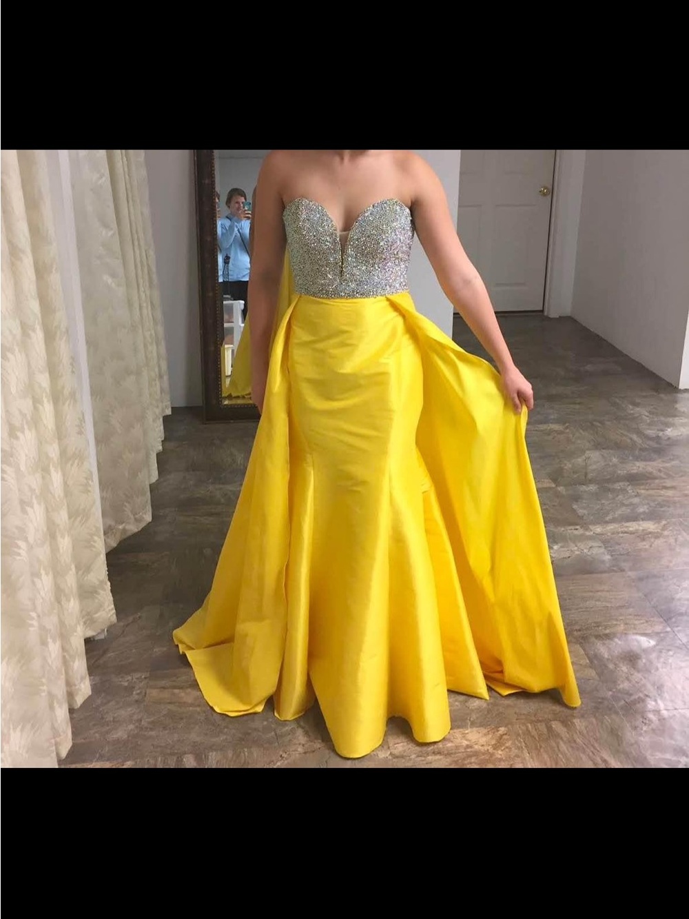 Strapless Yellow Ball Gown with Beaded Silver Bodice